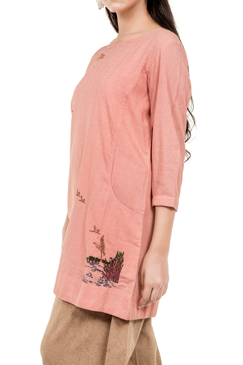 Song Of The Cranes Tunic- Coral - SHUBINAK.COM