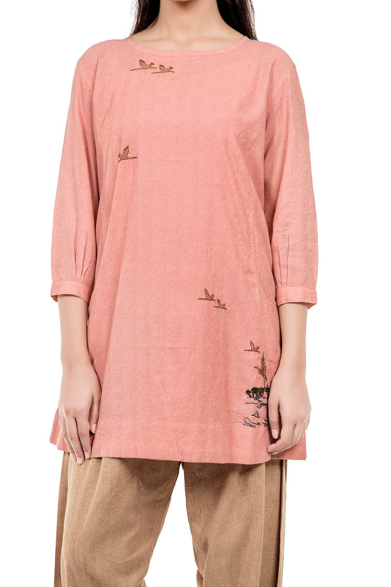 Song Of The Cranes Tunic- Coral - SHUBINAK.COM